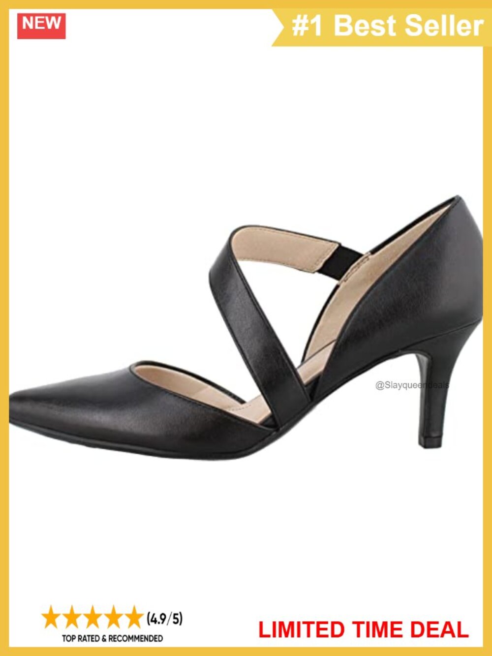 Pointed Toe Faux Leather Dress Pump Asymmetrical Ankle Strap Mid Heel